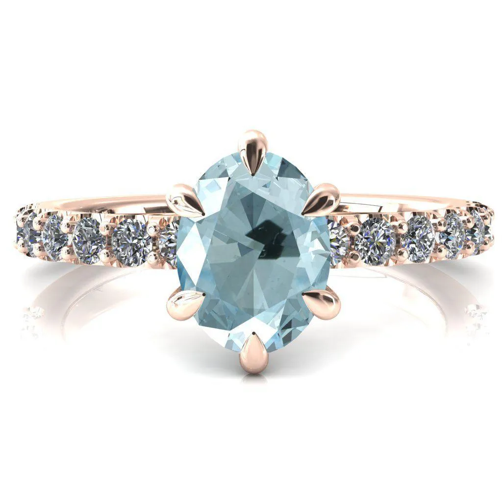 Mylene Oval Aqua Blue Spinel 6 Prong Sculptural Half Eternity Diamond Engagement Ring
