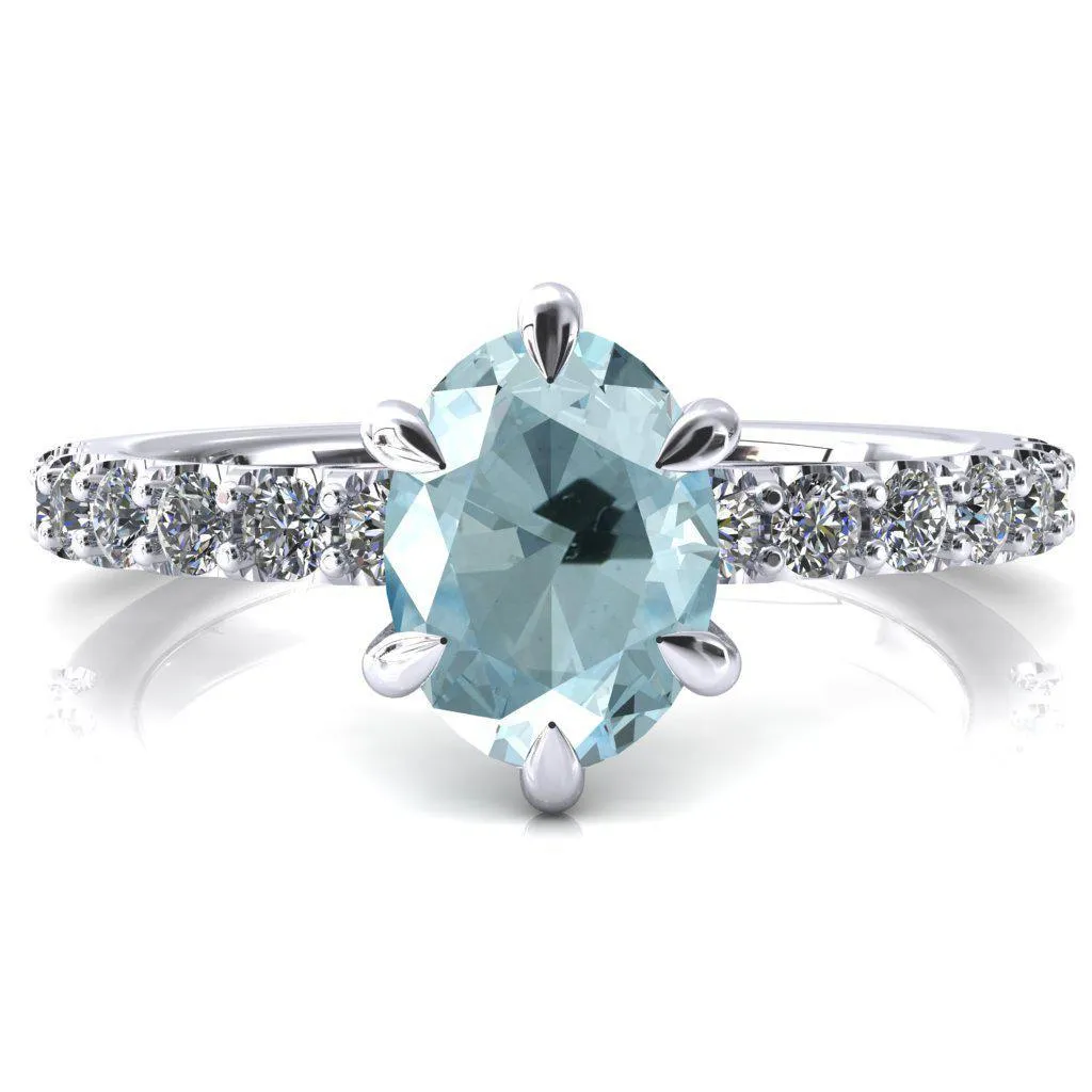 Mylene Oval Aqua Blue Spinel 6 Prong Sculptural Half Eternity Diamond Engagement Ring