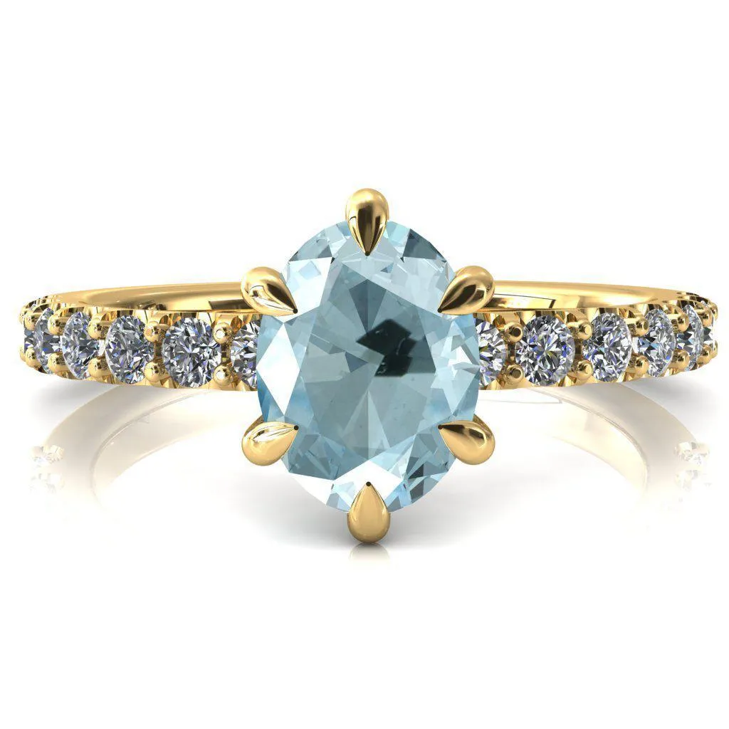 Mylene Oval Aqua Blue Spinel 6 Prong Sculptural Half Eternity Diamond Engagement Ring
