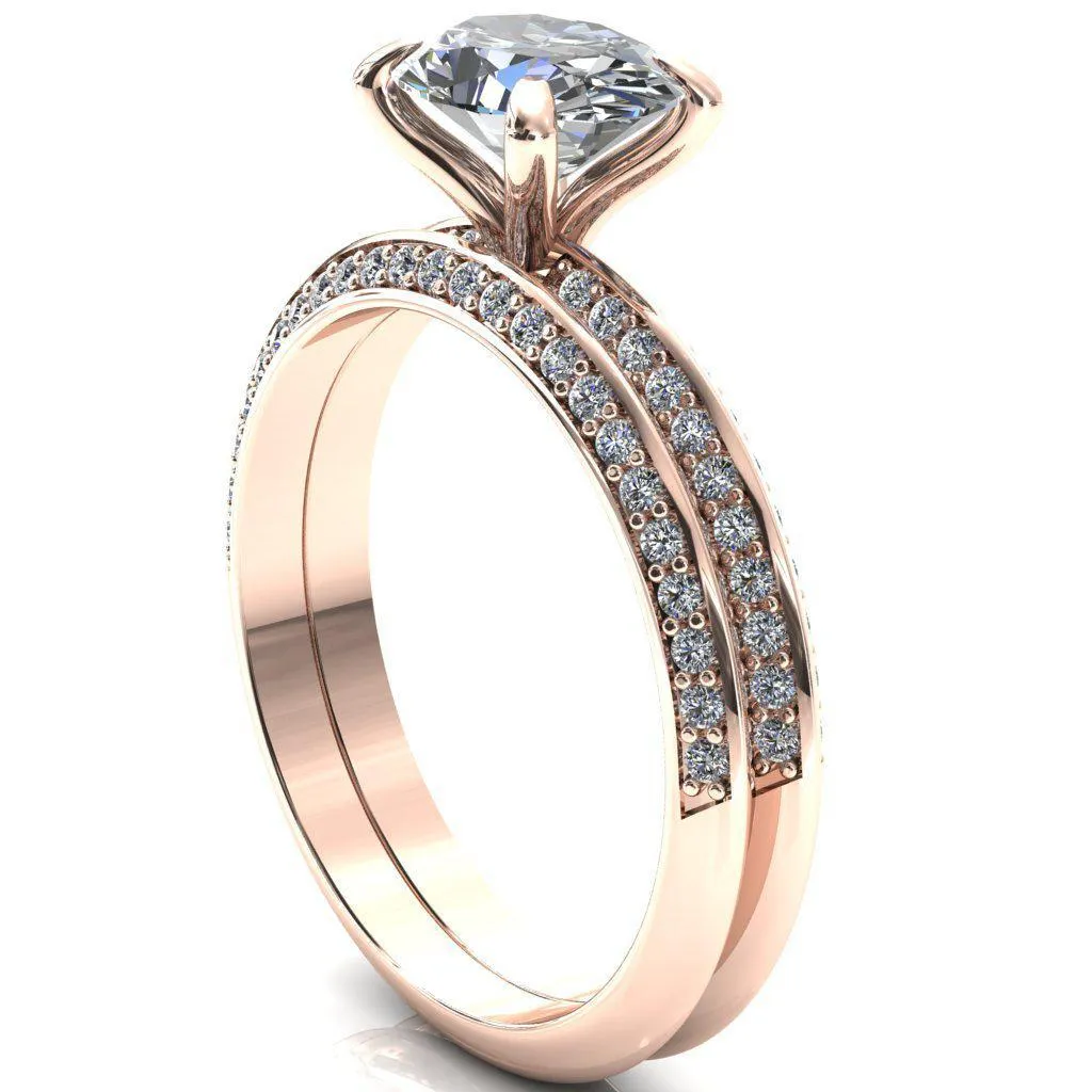 Nancy Oval Center Stone East-West 4 Prong 1/2 Eternity Diamond Knife Shank Accent Engagement Ring