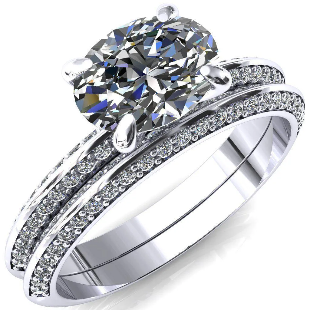 Nancy Oval Center Stone East-West 4 Prong 1/2 Eternity Diamond Knife Shank Accent Engagement Ring