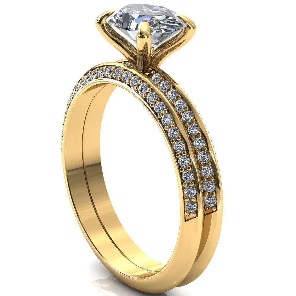 Nancy Oval Center Stone East-West 4 Prong 1/2 Eternity Diamond Knife Shank Accent Engagement Ring