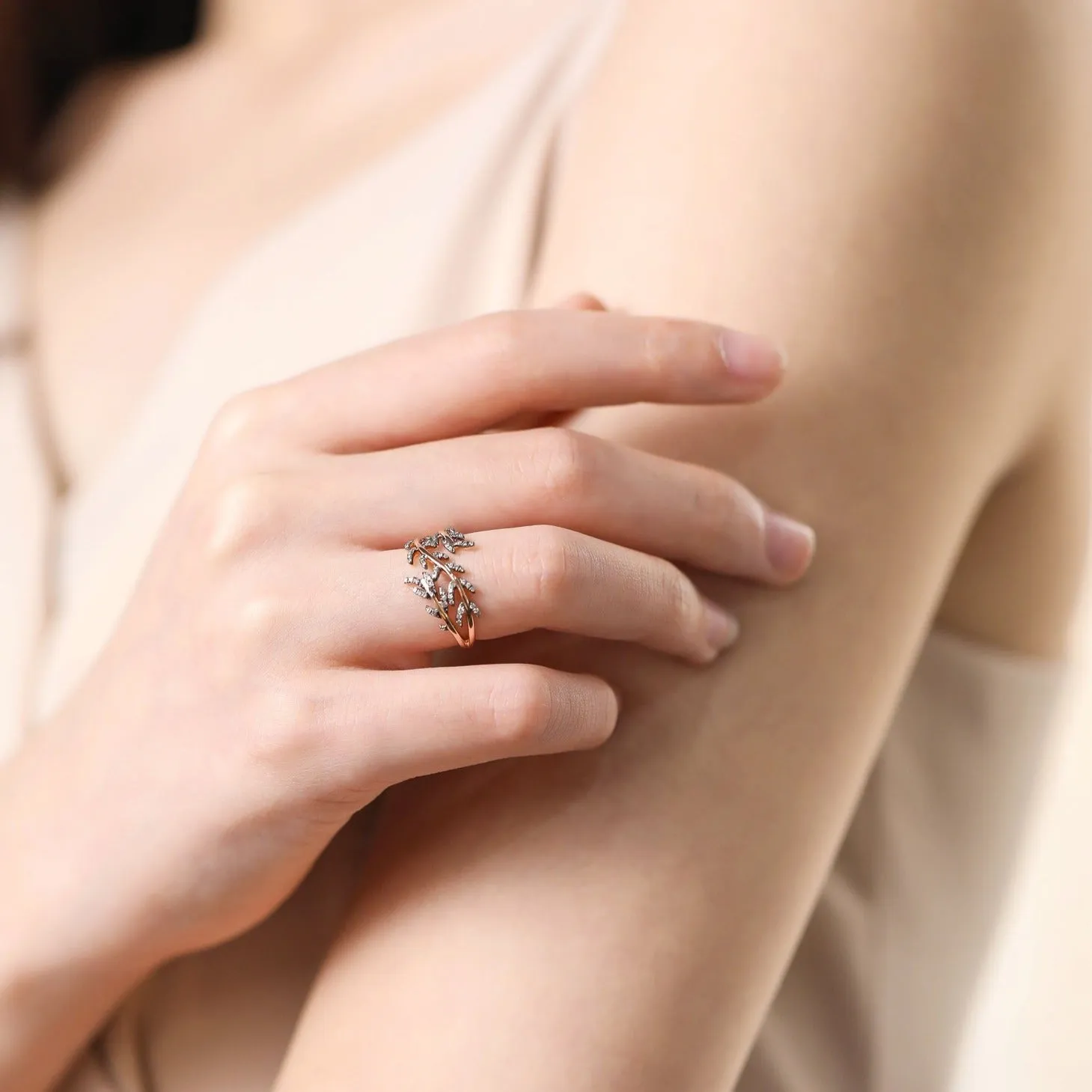 Nature Inspired Leaf Branch Ring in Two Tong Gold