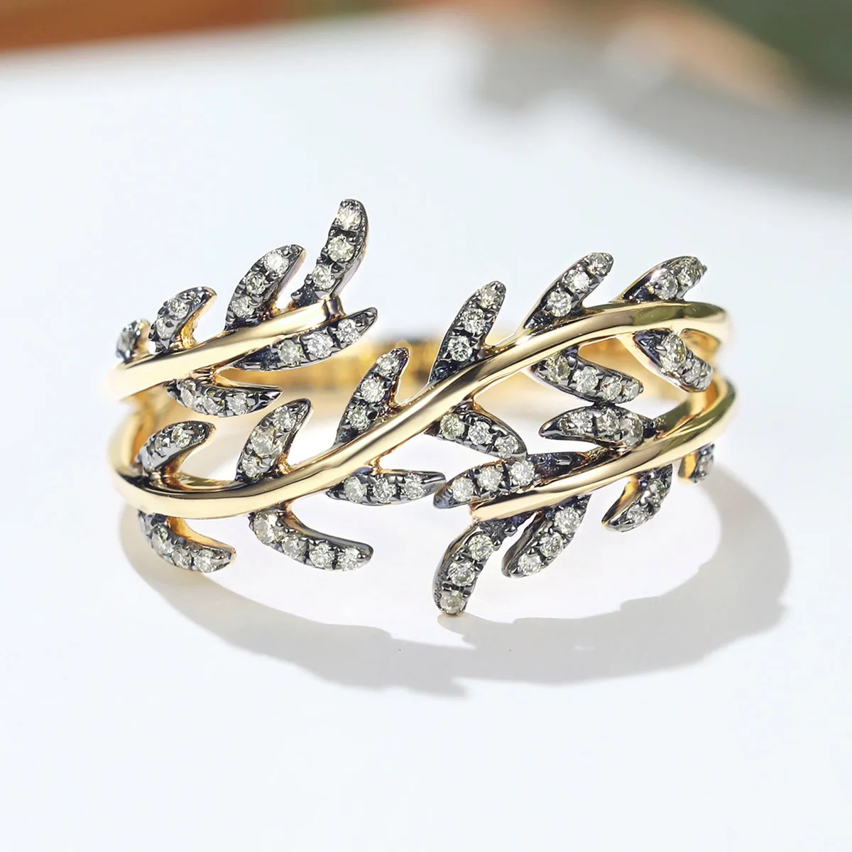 Nature Inspired Leaf Branch Ring in Two Tong Gold