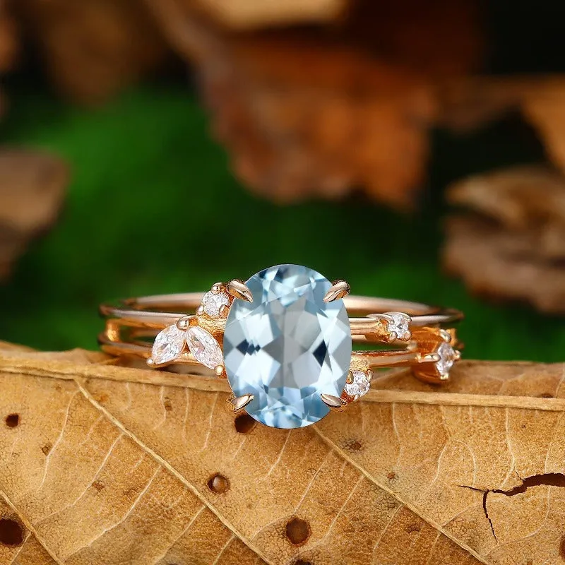 nature inspired natural aqumarine engagement ring art deco enhancer band women jewelry gift