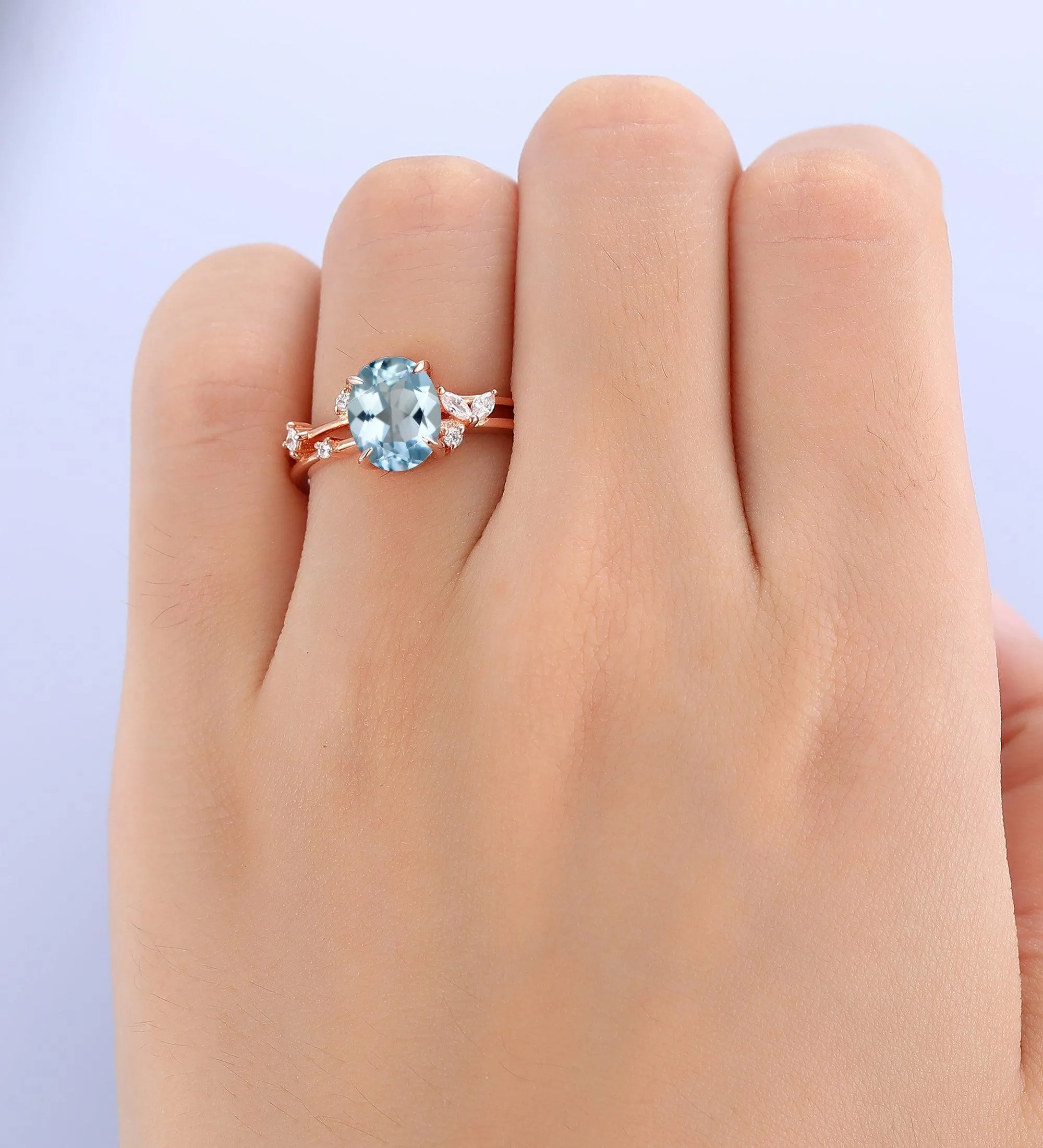 nature inspired natural aqumarine engagement ring art deco enhancer band women jewelry gift