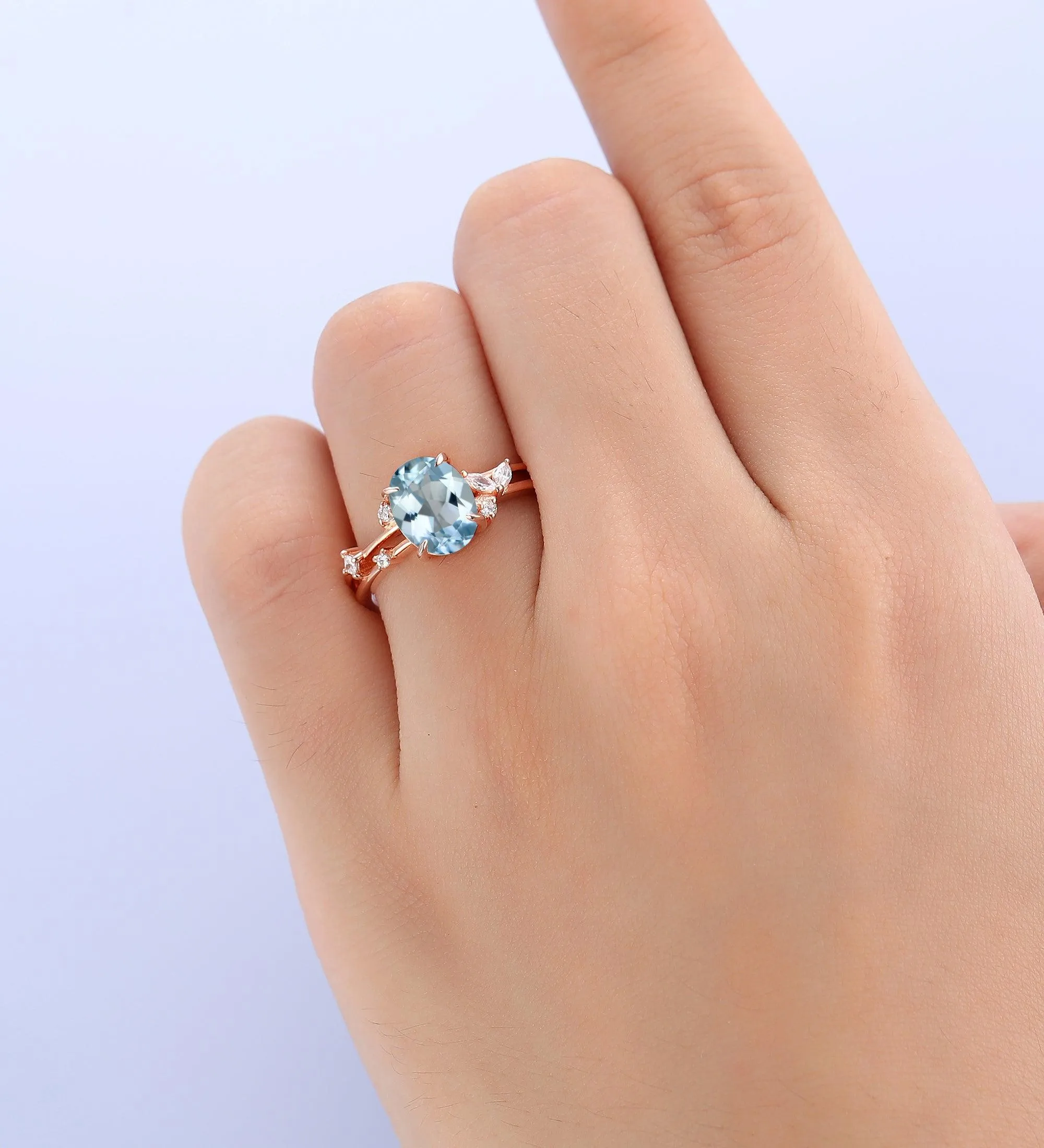 nature inspired natural aqumarine engagement ring art deco enhancer band women jewelry gift