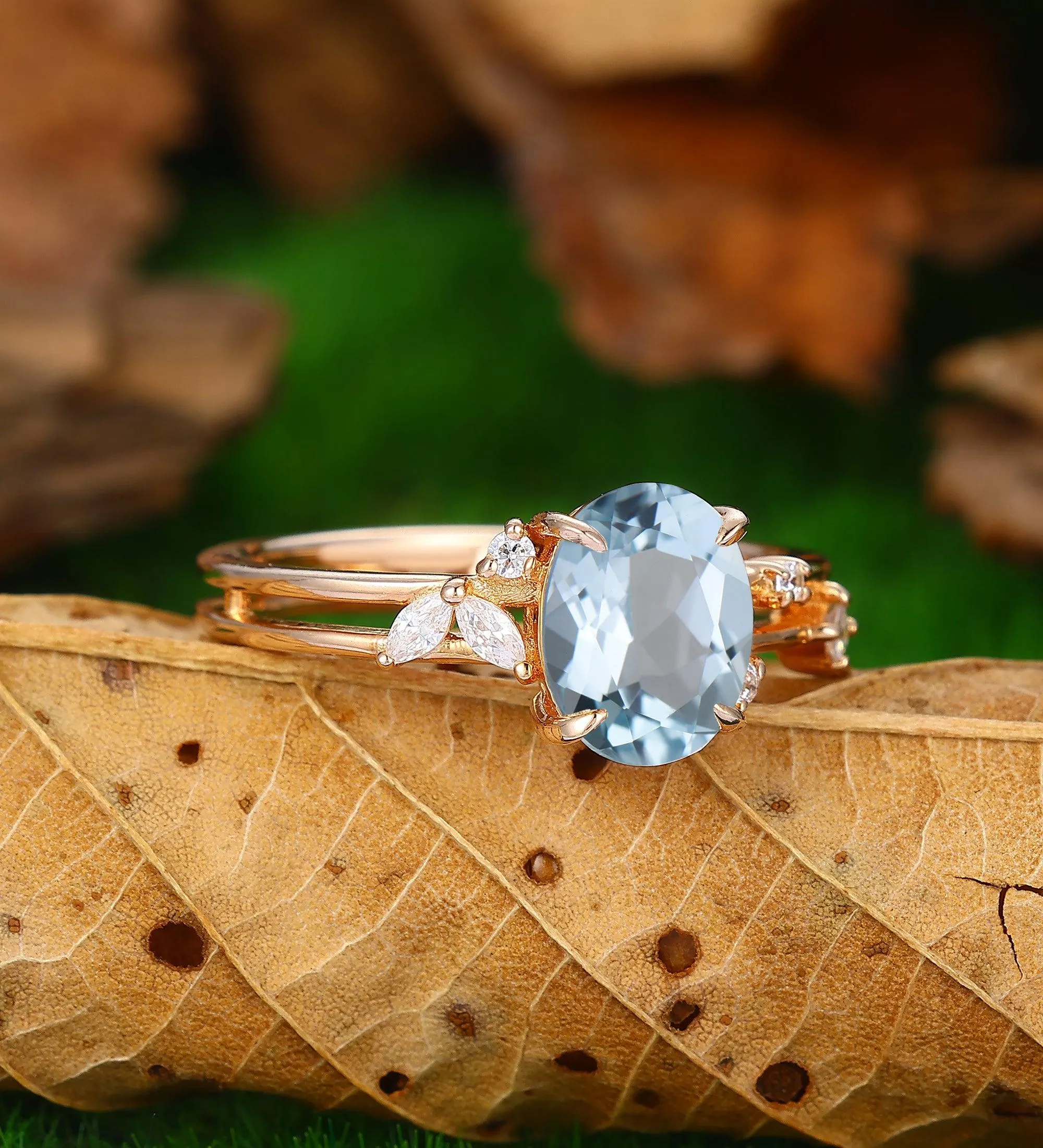 nature inspired natural aqumarine engagement ring art deco enhancer band women jewelry gift
