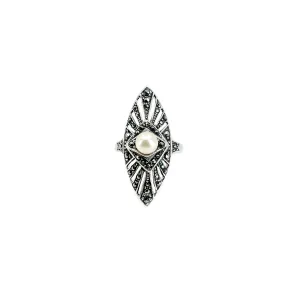 Navette Marcasite Vintage Japanese Saltwater Akoya Cultured Pearl Thai Ring- Sterling Silver Sz 6