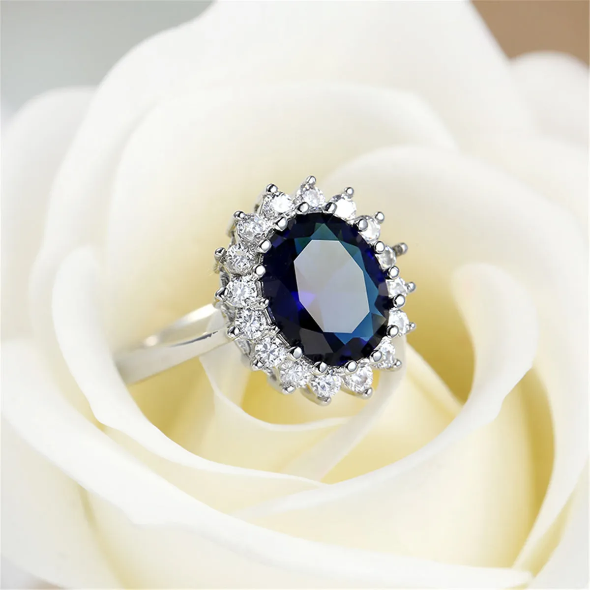 Navy Crystal & Cubic Zirconia Floral Ring