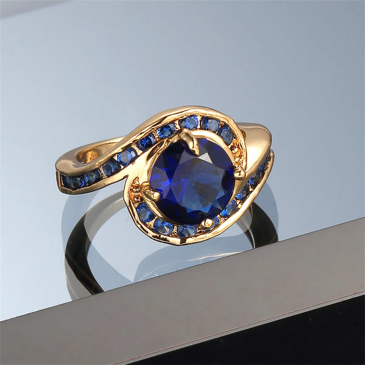 Navy Crystal & Cubic Zirconia Round-Cut Bypass Ring