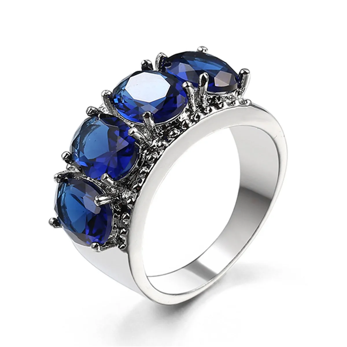 Navy Crystal & Silver-Plated Four-Stone Prong-Set Ring