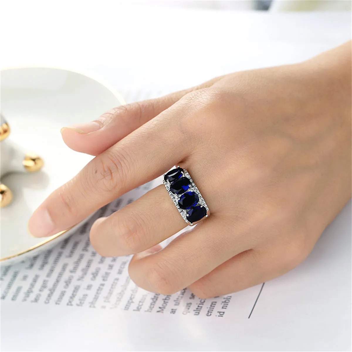 Navy Crystal & Silver-Plated Four-Stone Prong-Set Ring