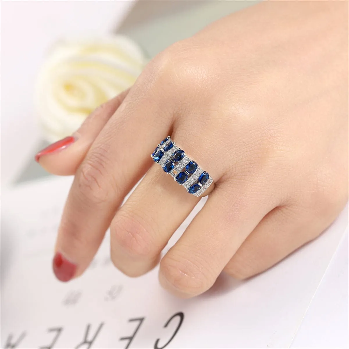 Navy Cubic Zirconia & Crystal Two-Row Oval-Cut Ring