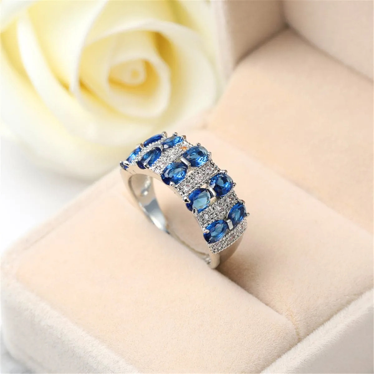 Navy Cubic Zirconia & Crystal Two-Row Oval-Cut Ring
