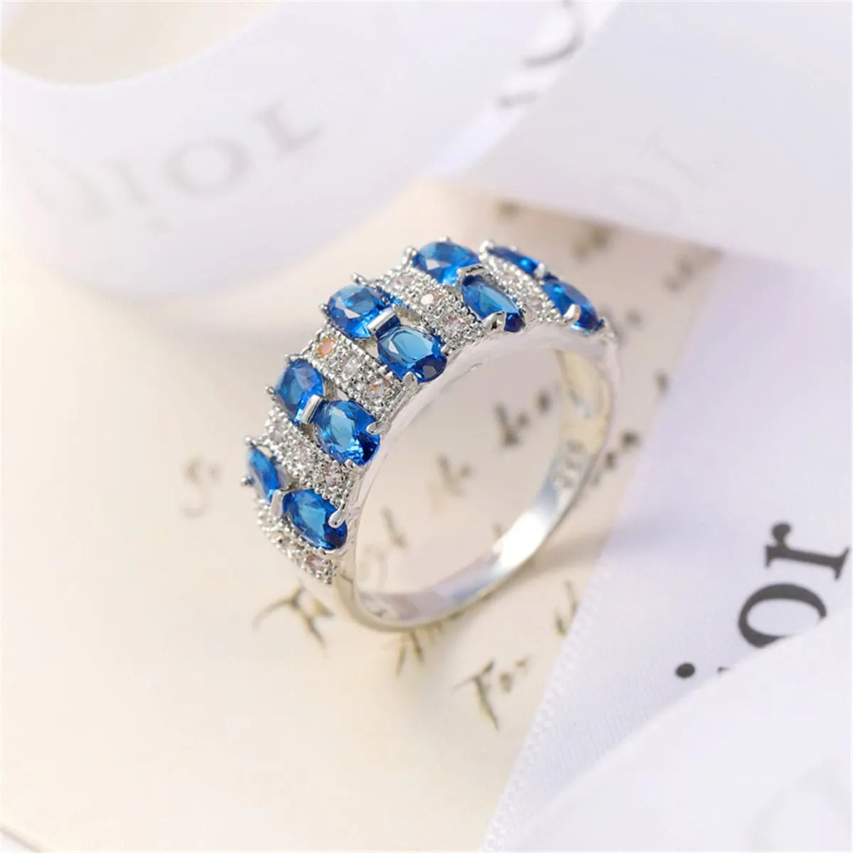 Navy Cubic Zirconia & Crystal Two-Row Oval-Cut Ring