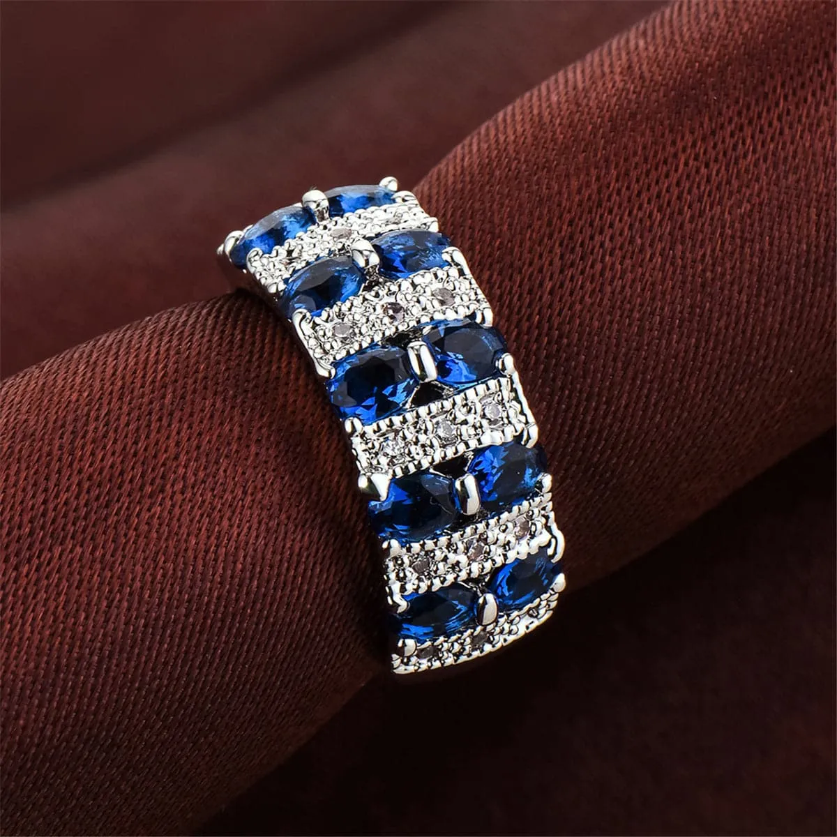 Navy Cubic Zirconia & Crystal Two-Row Oval-Cut Ring