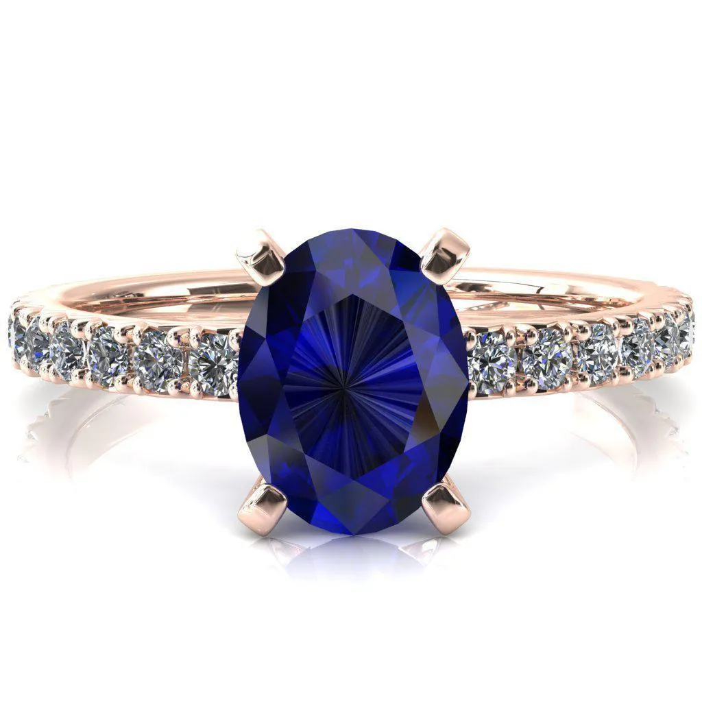 Nefili Oval Blue Sapphire 4 Prong 5/8 Eternity Diamond French Pave Engagement Ring