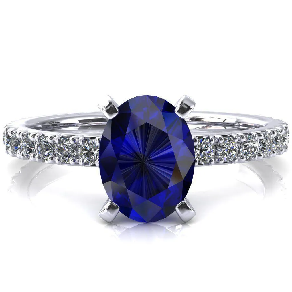Nefili Oval Blue Sapphire 4 Prong 5/8 Eternity Diamond French Pave Engagement Ring