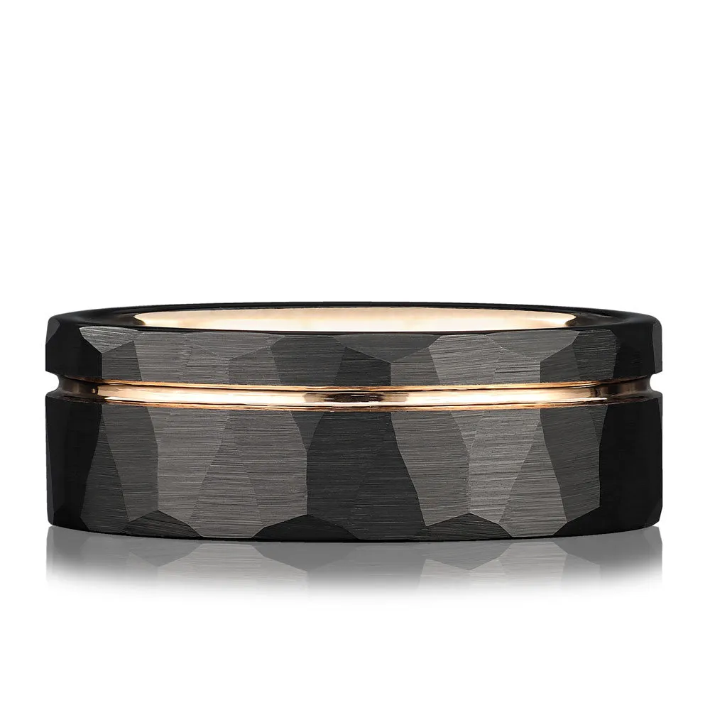 NEO ROSE - Black and Rose Gold Hammered Tungsten Ring