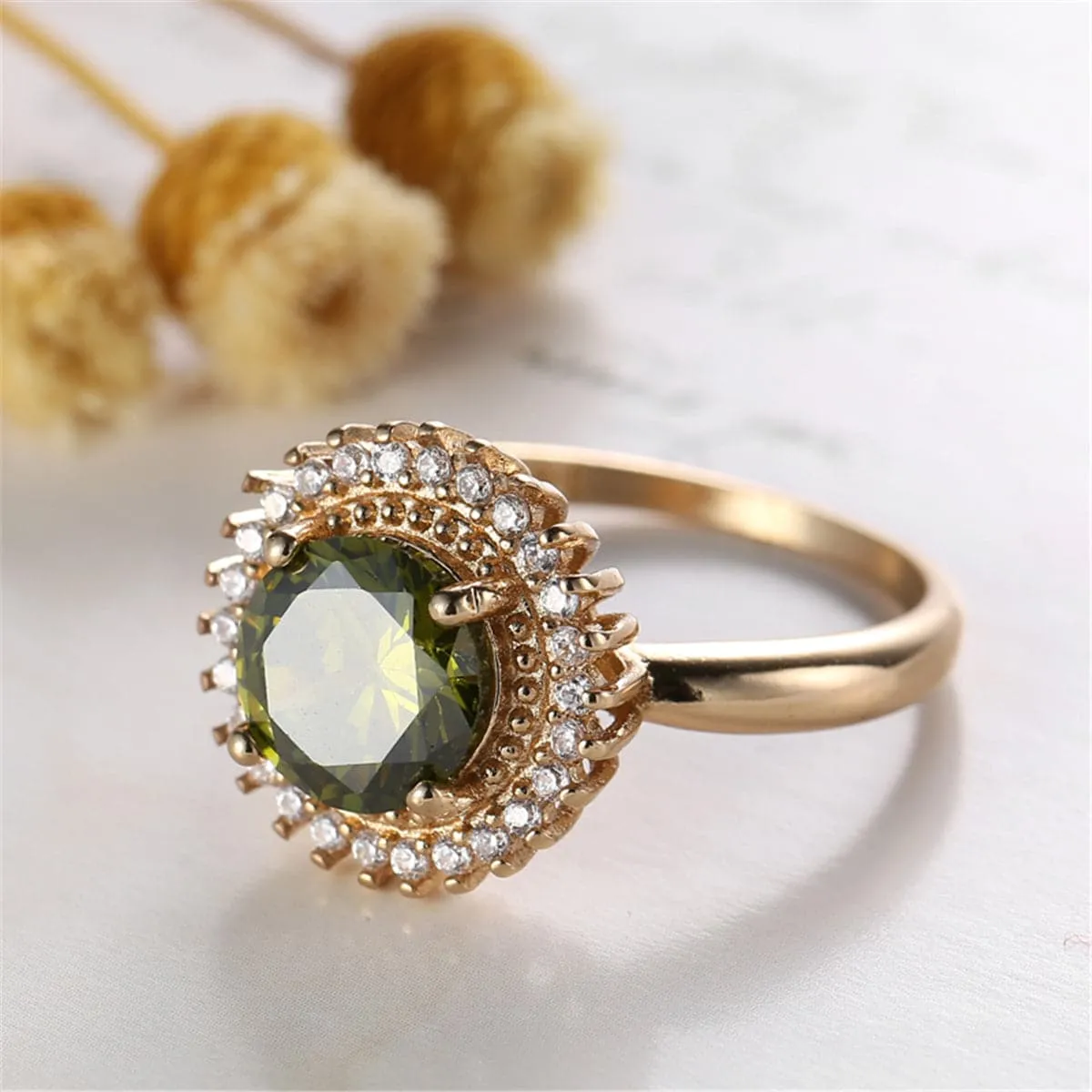Olive Crystal & Cubic Zirconia 18K Rose Gold-Plated Sunflower Ring