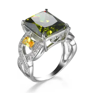 Olive Green & Yellow Crystal Filigree Ring
