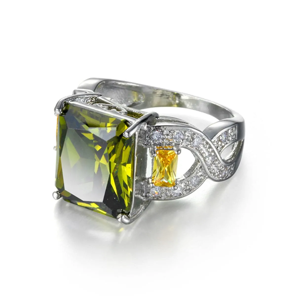 Olive Green & Yellow Crystal Filigree Ring