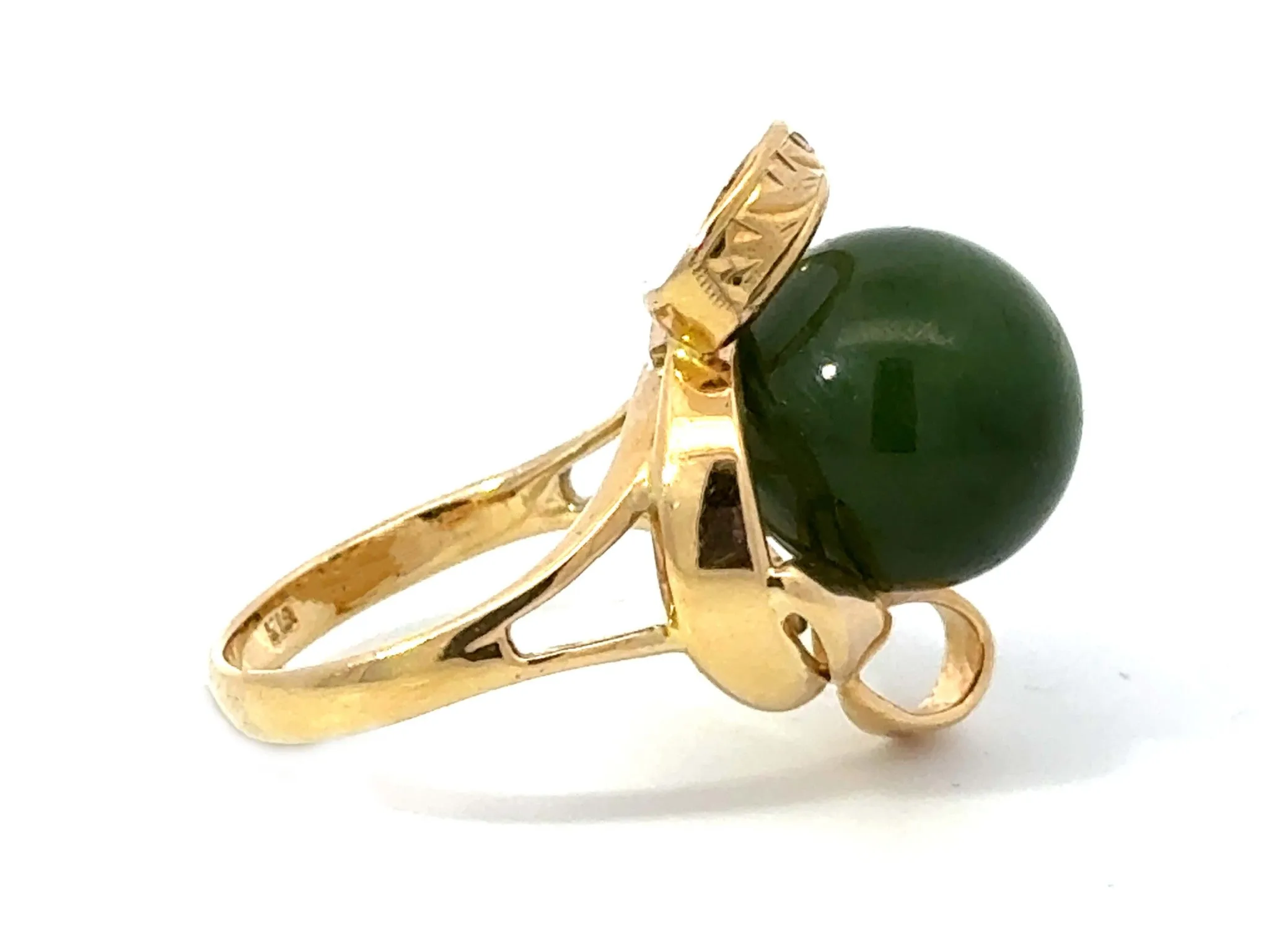 Olive Green Jade Bead Ring 18k Yellow Gold