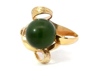 Olive Green Jade Bead Ring 18k Yellow Gold