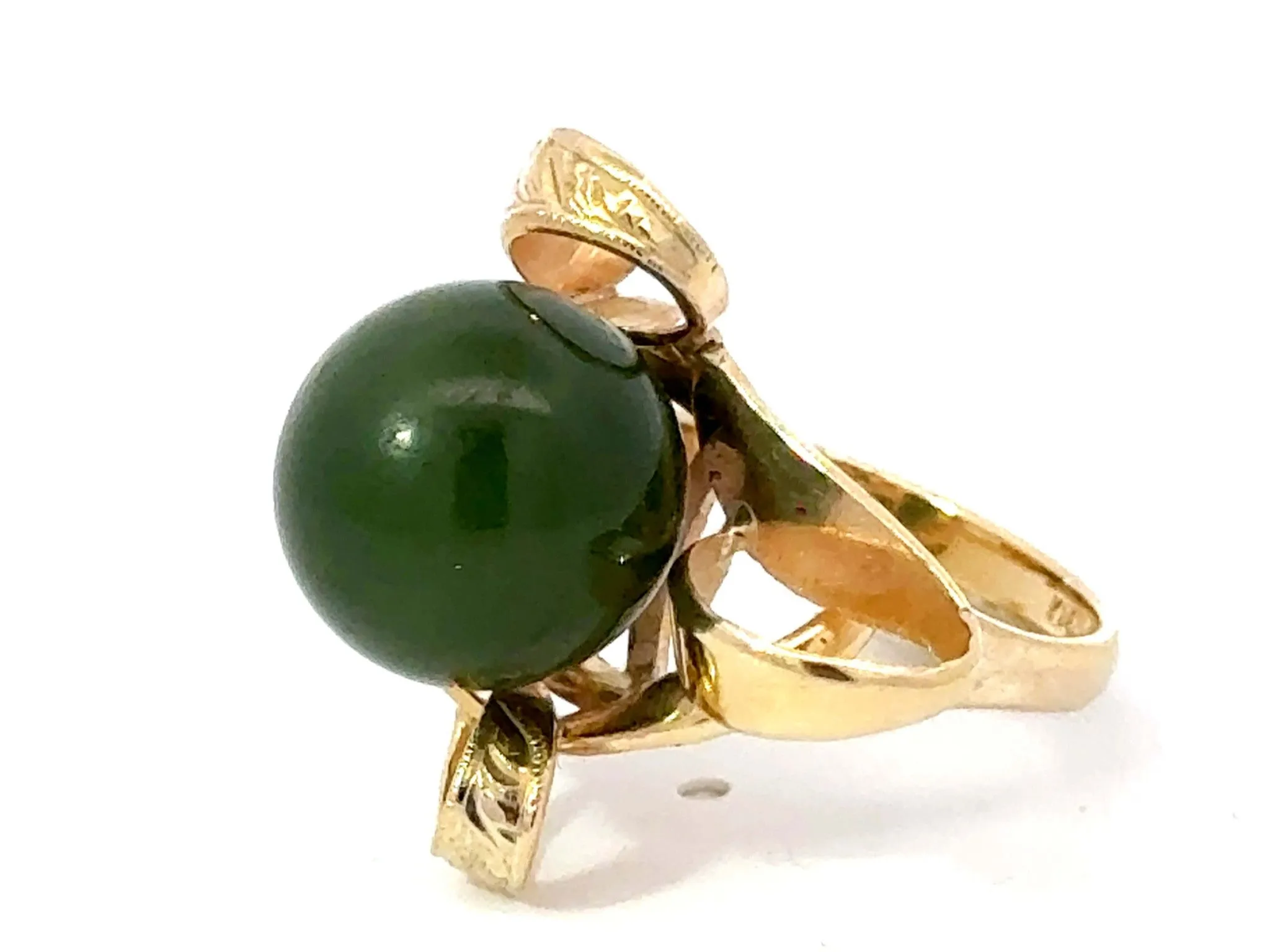 Olive Green Jade Bead Ring 18k Yellow Gold