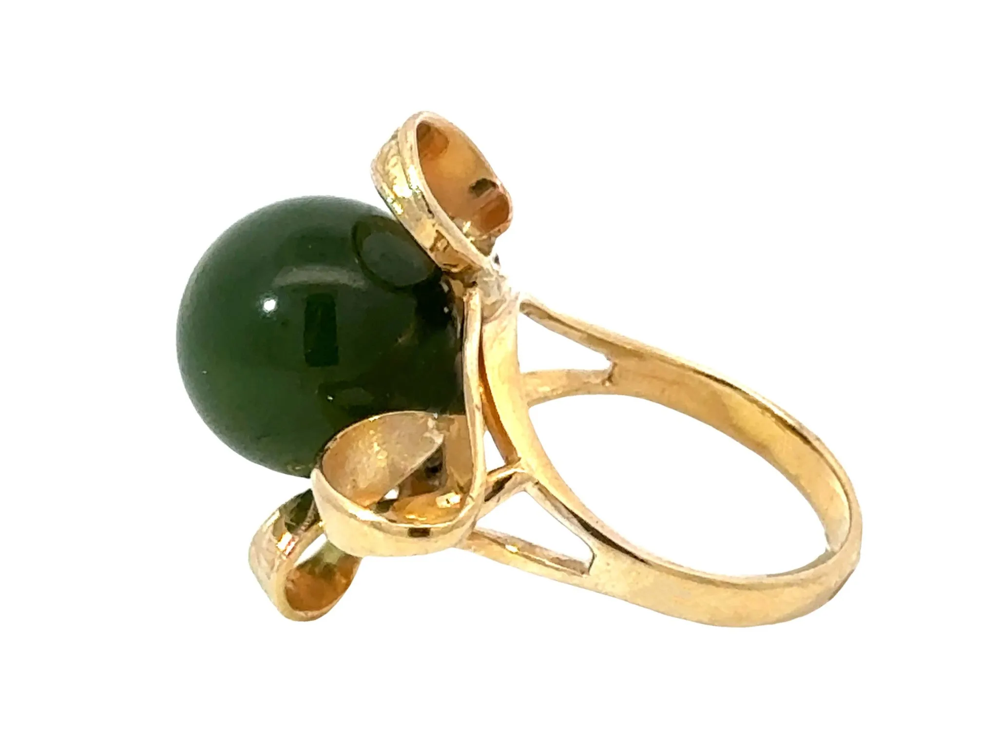 Olive Green Jade Bead Ring 18k Yellow Gold