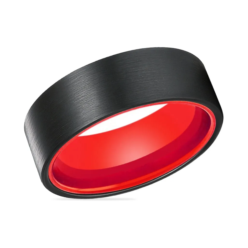 ORCHID | Red Ring, Black Tungsten Ring, Brushed, Flat