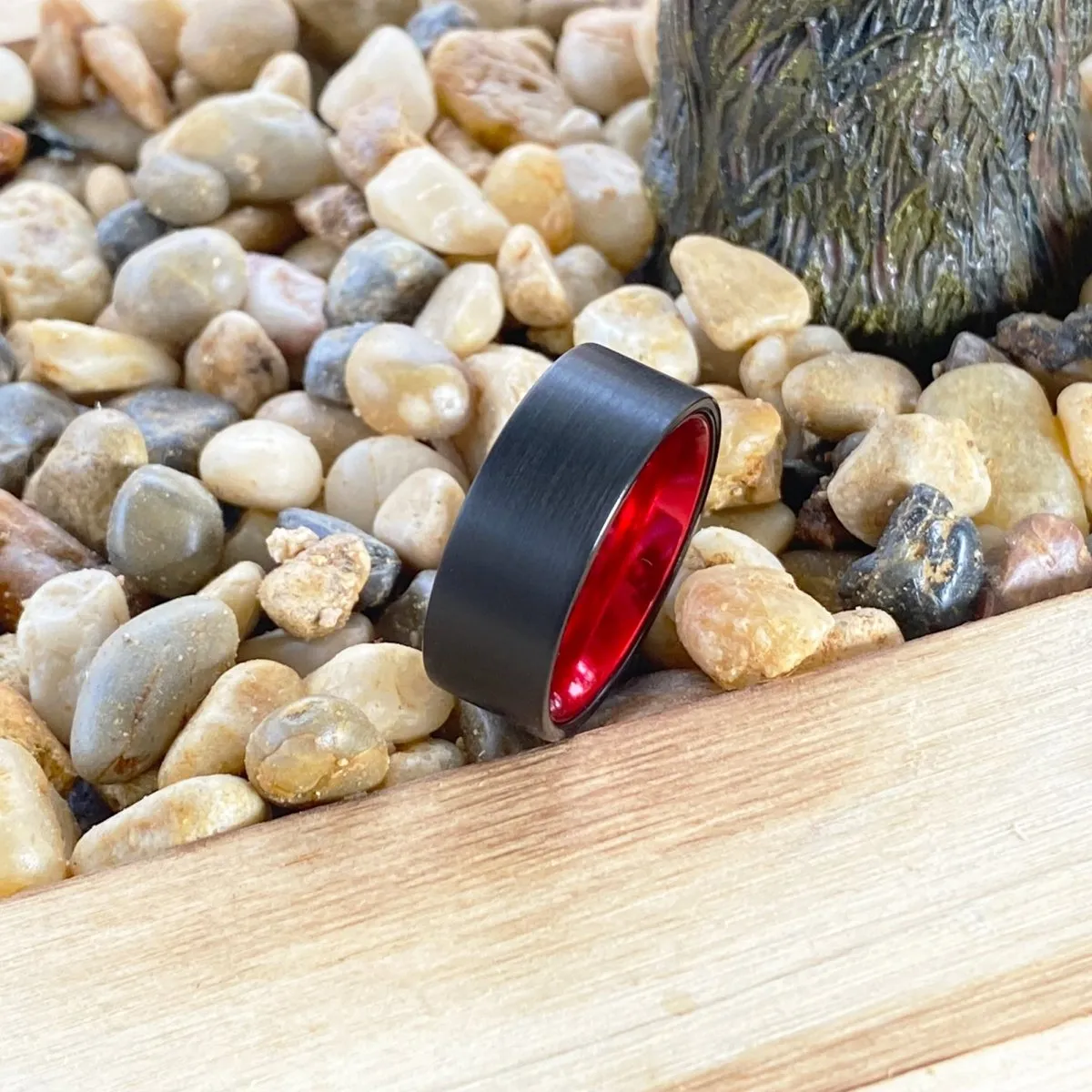 ORCHID | Red Ring, Black Tungsten Ring, Brushed, Flat