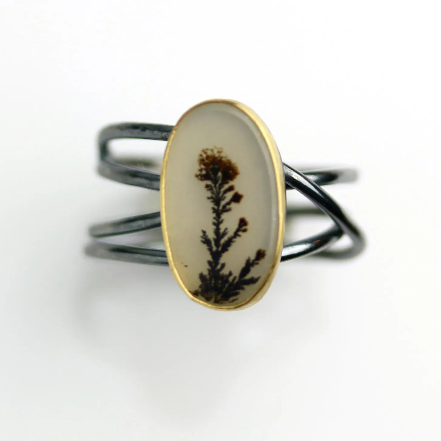 Oval Dendritic Agate on Oxidized Swirled Band. Size 7 1/2.