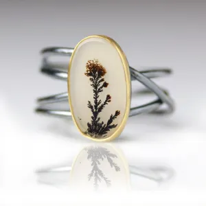Oval Dendritic Agate on Oxidized Swirled Band. Size 7 1/2.