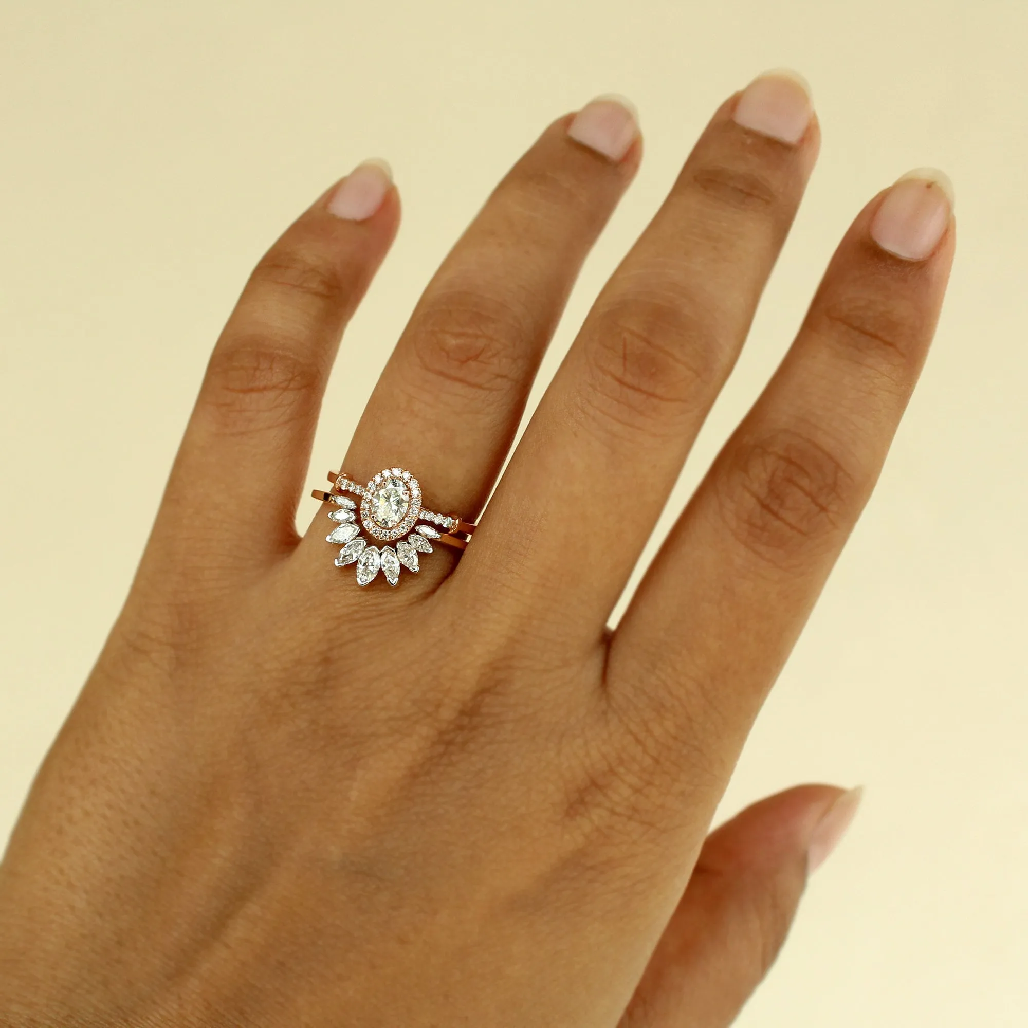 Oval Diamond Halo Engagement Ring Set with Marquise Diamond Curved Nesting Wedding Band