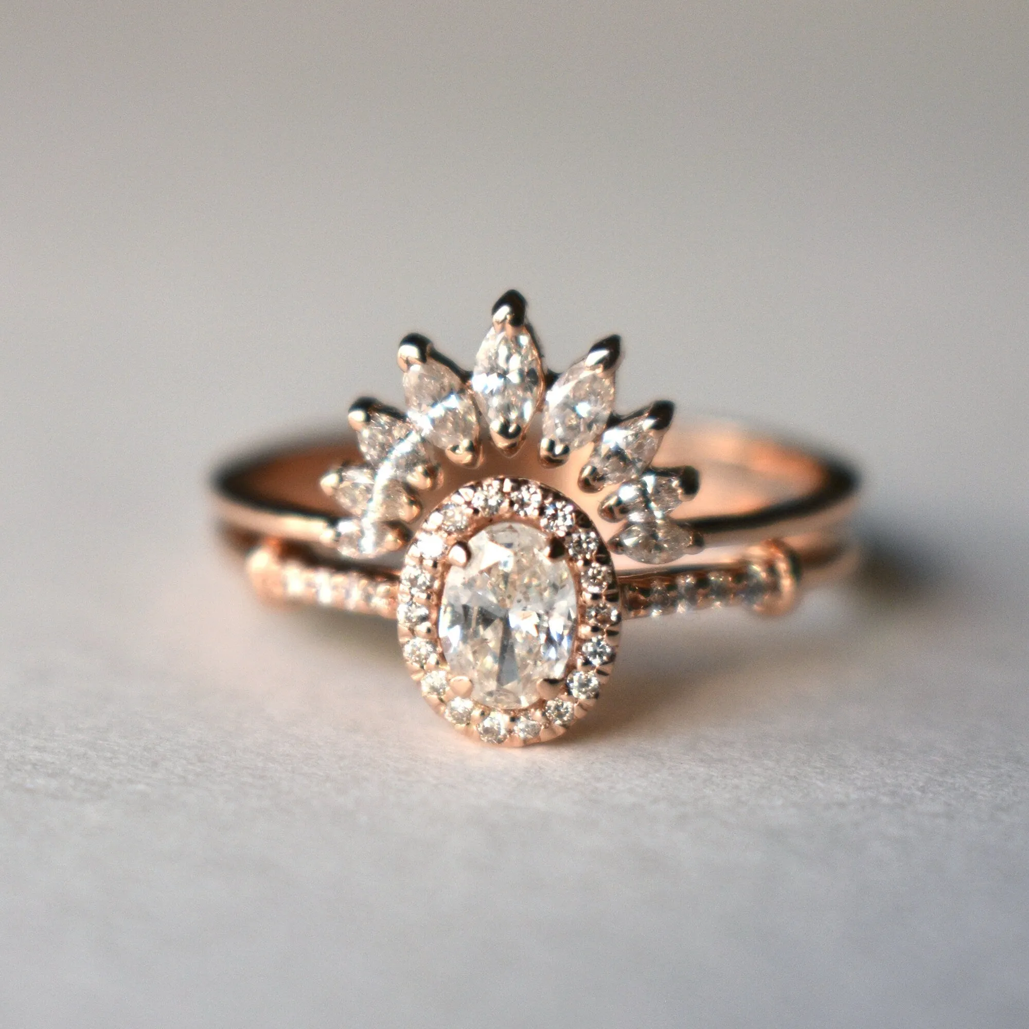 Oval Diamond Halo Engagement Ring Set with Marquise Diamond Curved Nesting Wedding Band