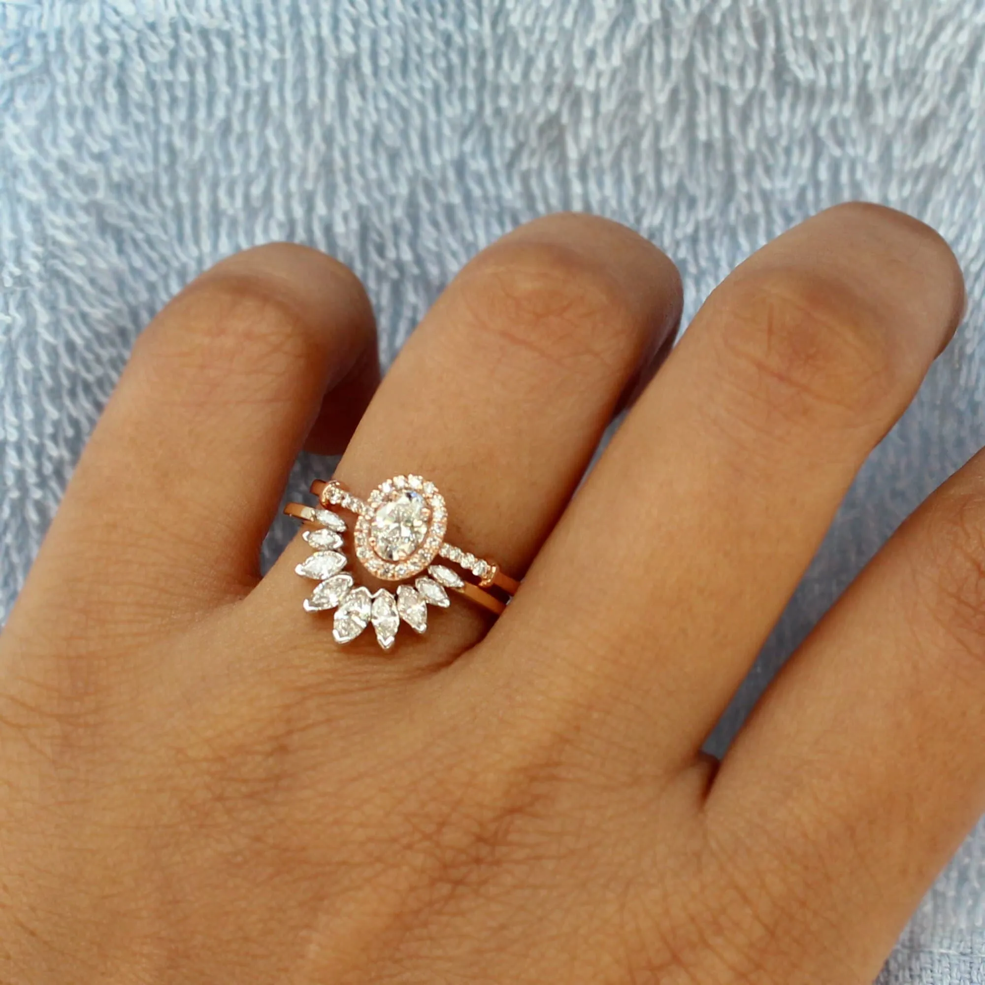 Oval Diamond Halo Engagement Ring Set with Marquise Diamond Curved Nesting Wedding Band