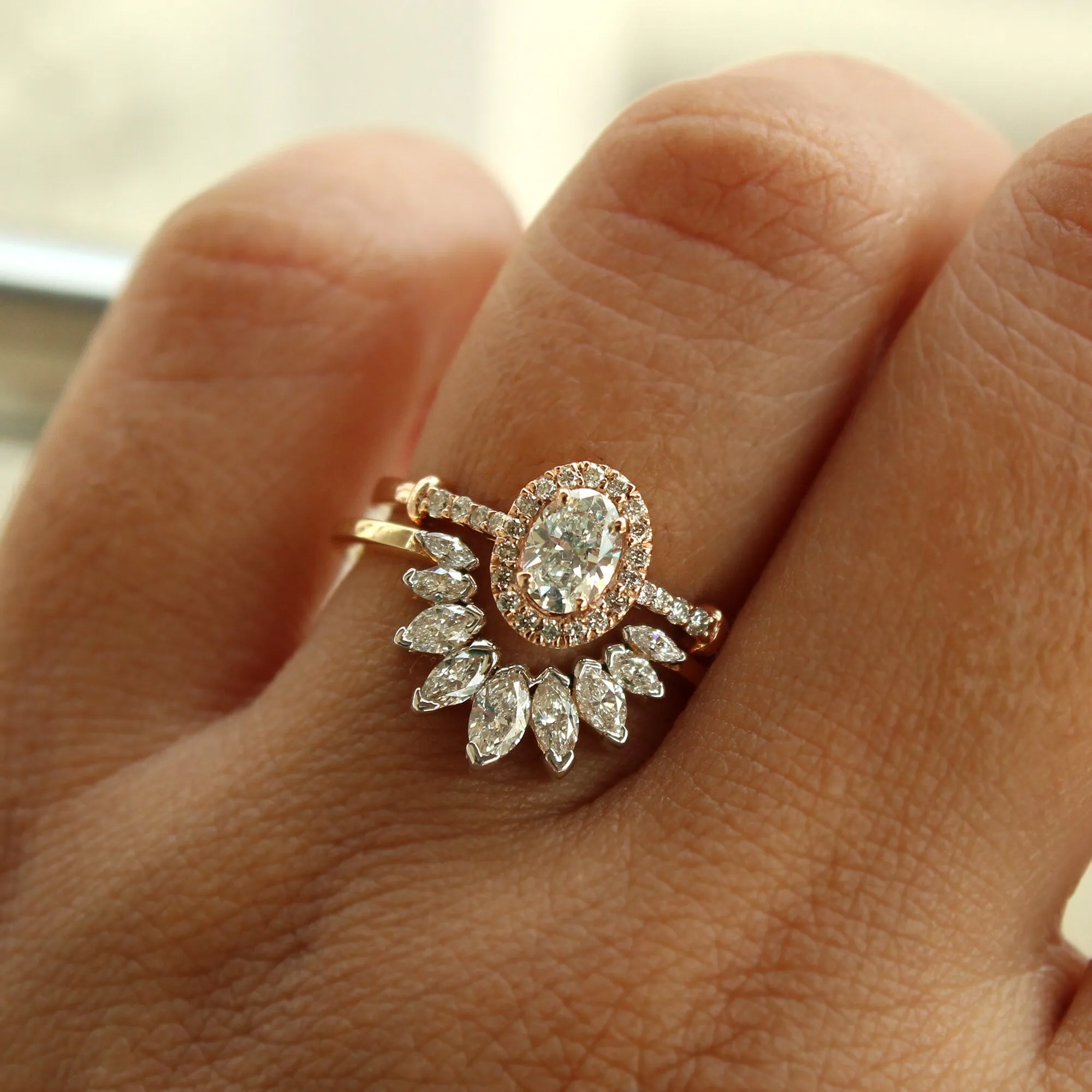 Oval Diamond Halo Engagement Ring Set with Marquise Diamond Curved Nesting Wedding Band