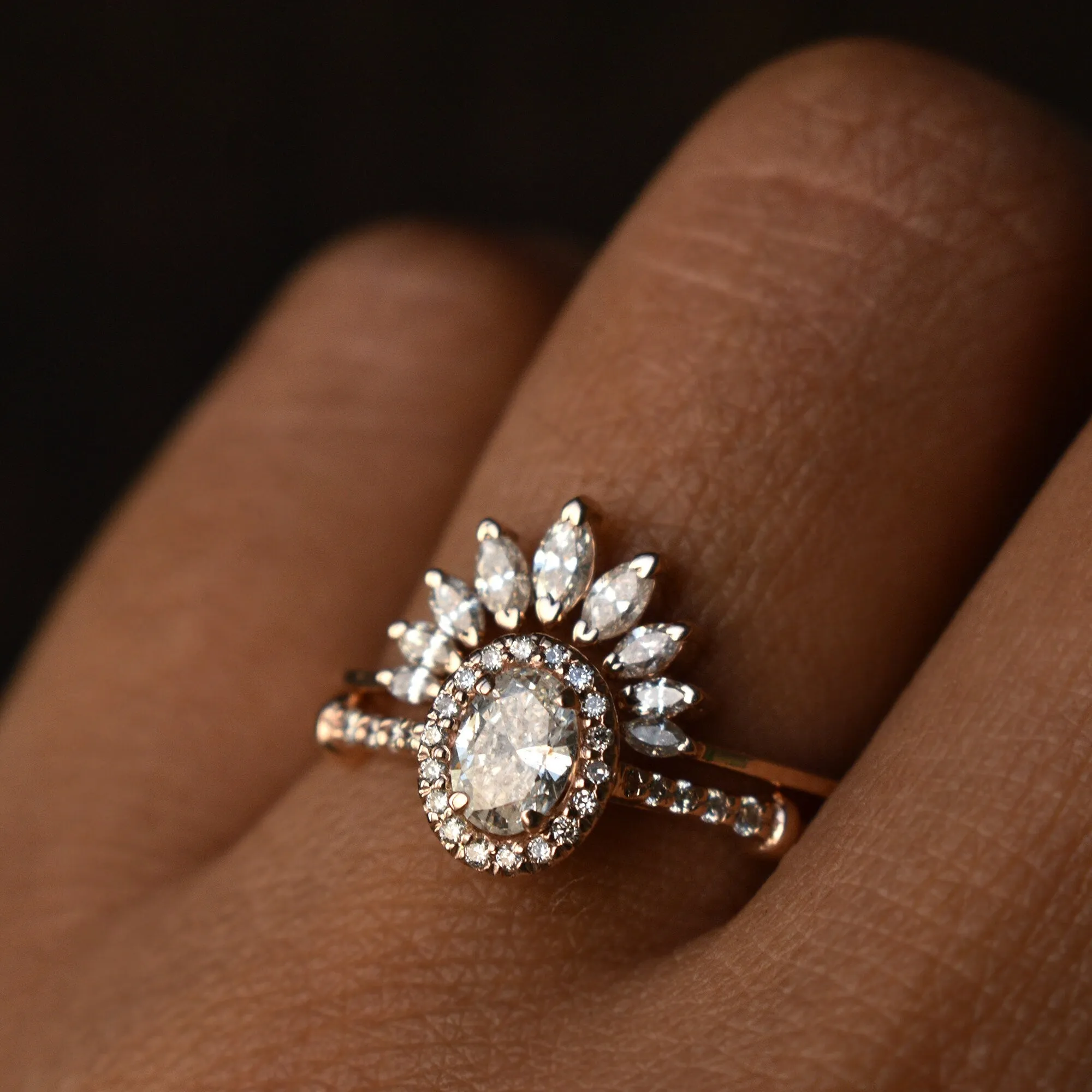 Oval Diamond Halo Engagement Ring Set with Marquise Diamond Curved Nesting Wedding Band
