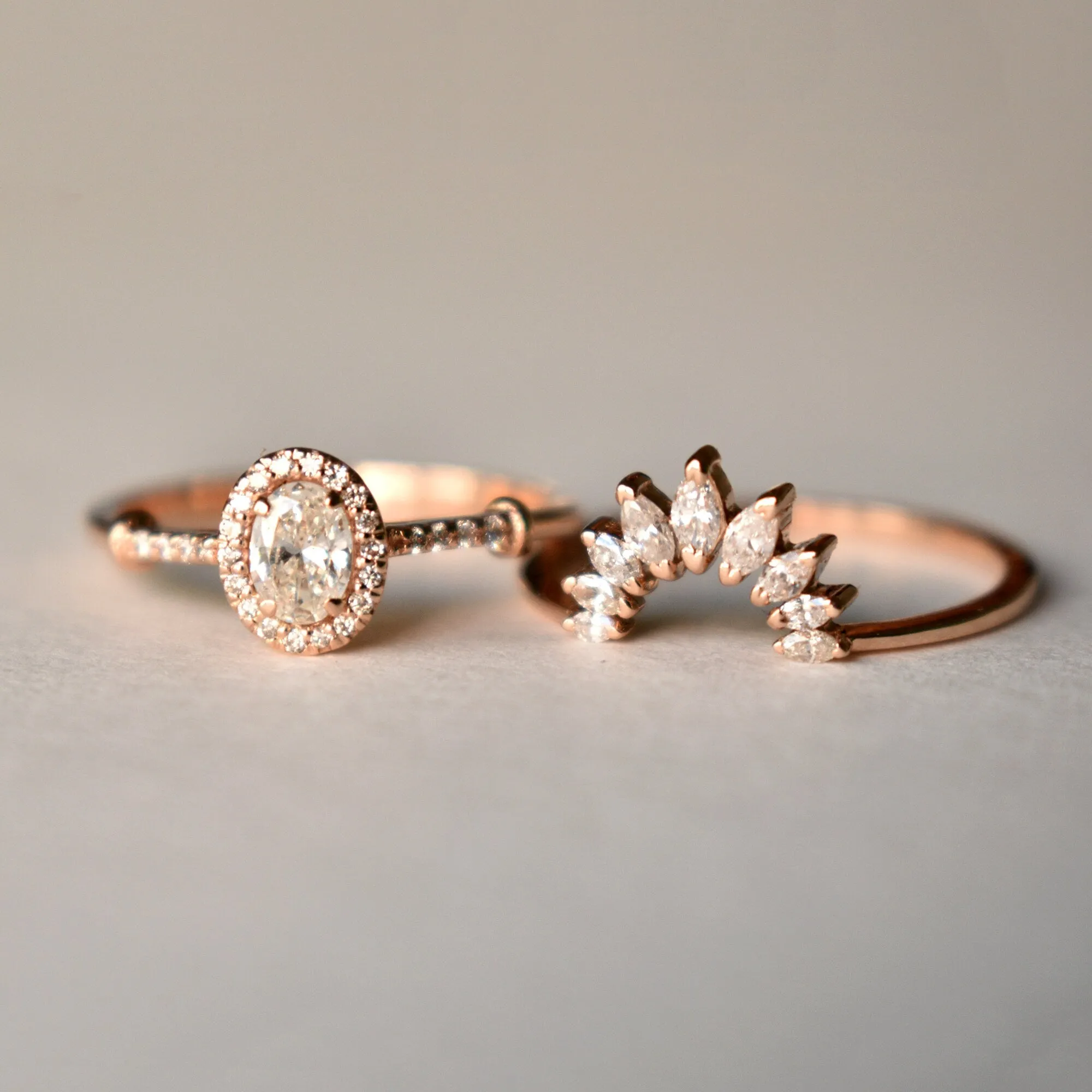Oval Diamond Halo Engagement Ring Set with Marquise Diamond Curved Nesting Wedding Band