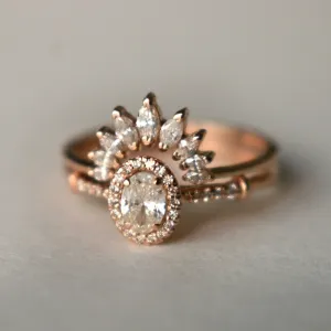 Oval Diamond Halo Engagement Ring Set with Marquise Diamond Curved Nesting Wedding Band