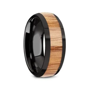 PAOLO Men's Domed Black Ceramic Wedding Band With Red Oak Wood Inlay 8mm