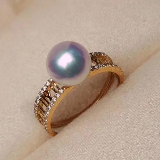 Pave Set Pearl & Diamonds Ring, 8.0-8.5 mm Japanese White Akoya