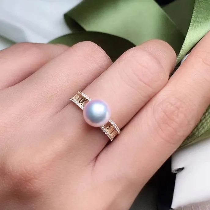 Pave Set Pearl & Diamonds Ring, 8.0-8.5 mm Japanese White Akoya
