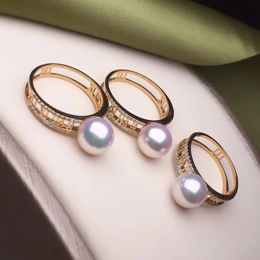 Pave Set Pearl & Diamonds Ring, 8.0-8.5 mm Japanese White Akoya