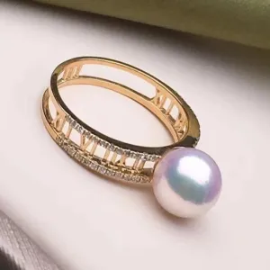 Pave Set Pearl & Diamonds Ring, 8.0-8.5 mm Japanese White Akoya
