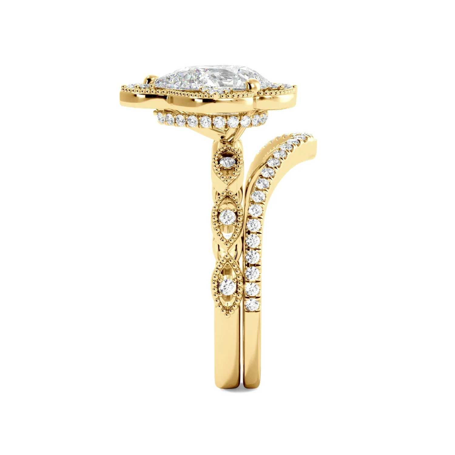 Pear Fancy Halo Milgrain Engagement Ring Set with Contour Band
