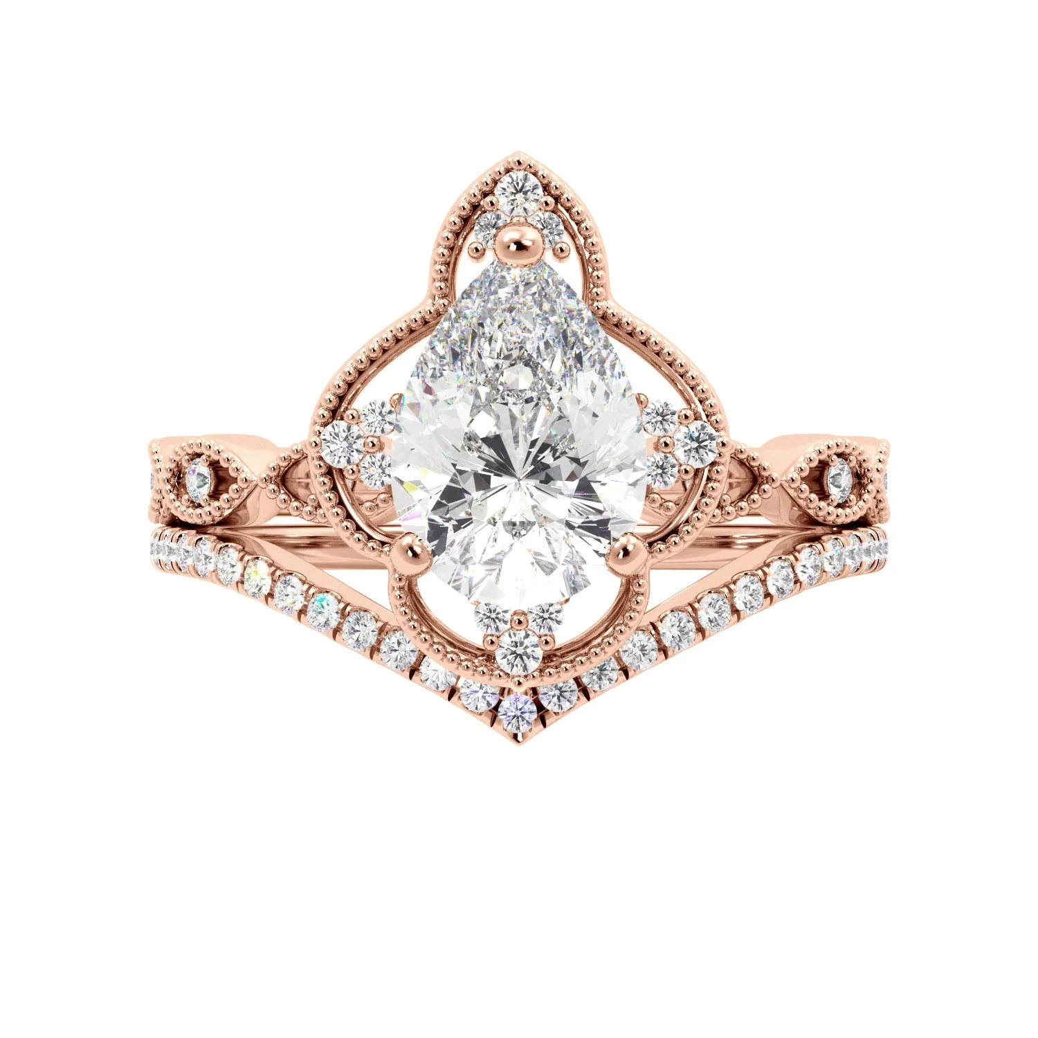 Pear Fancy Halo Milgrain Engagement Ring Set with Contour Band