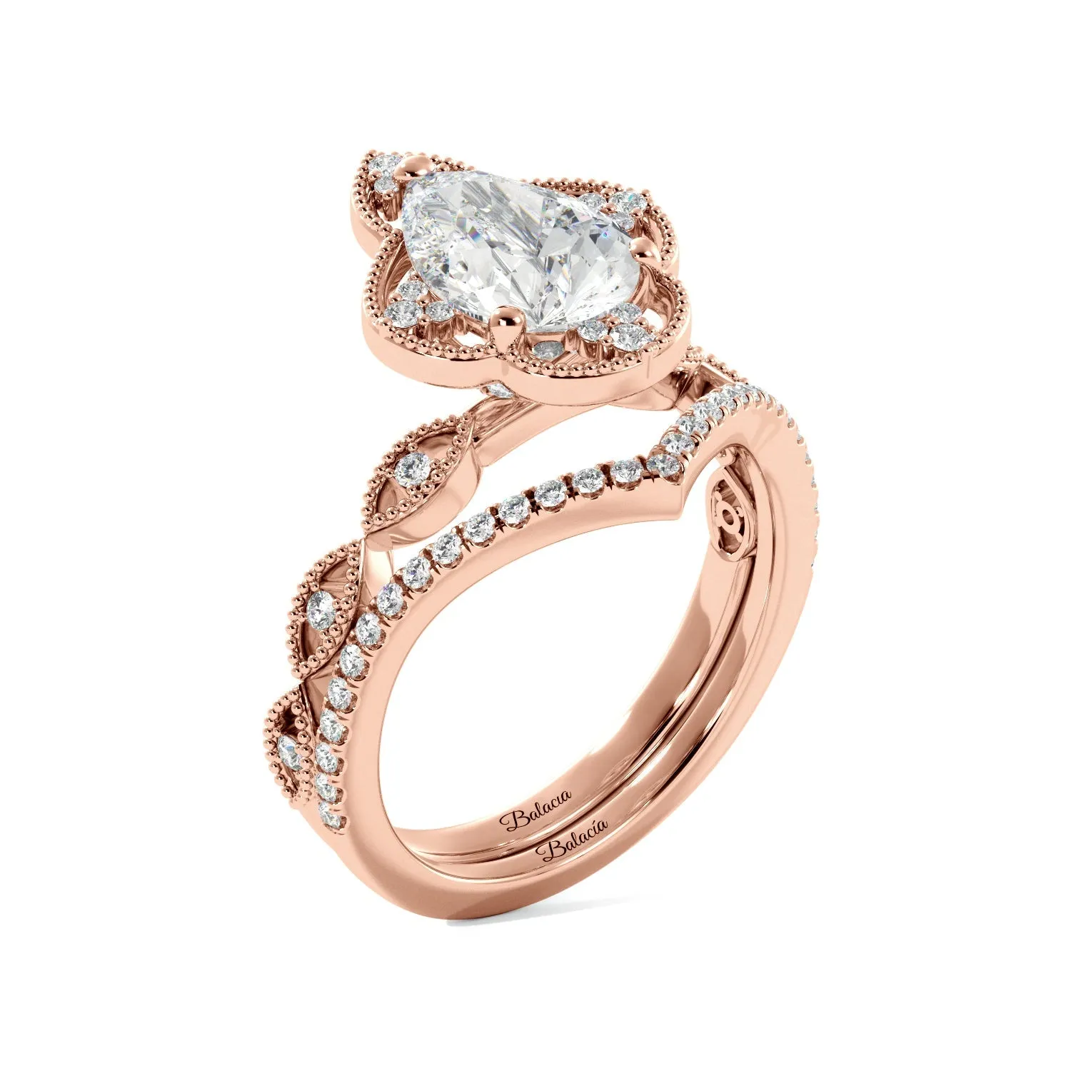 Pear Fancy Halo Milgrain Engagement Ring Set with Contour Band